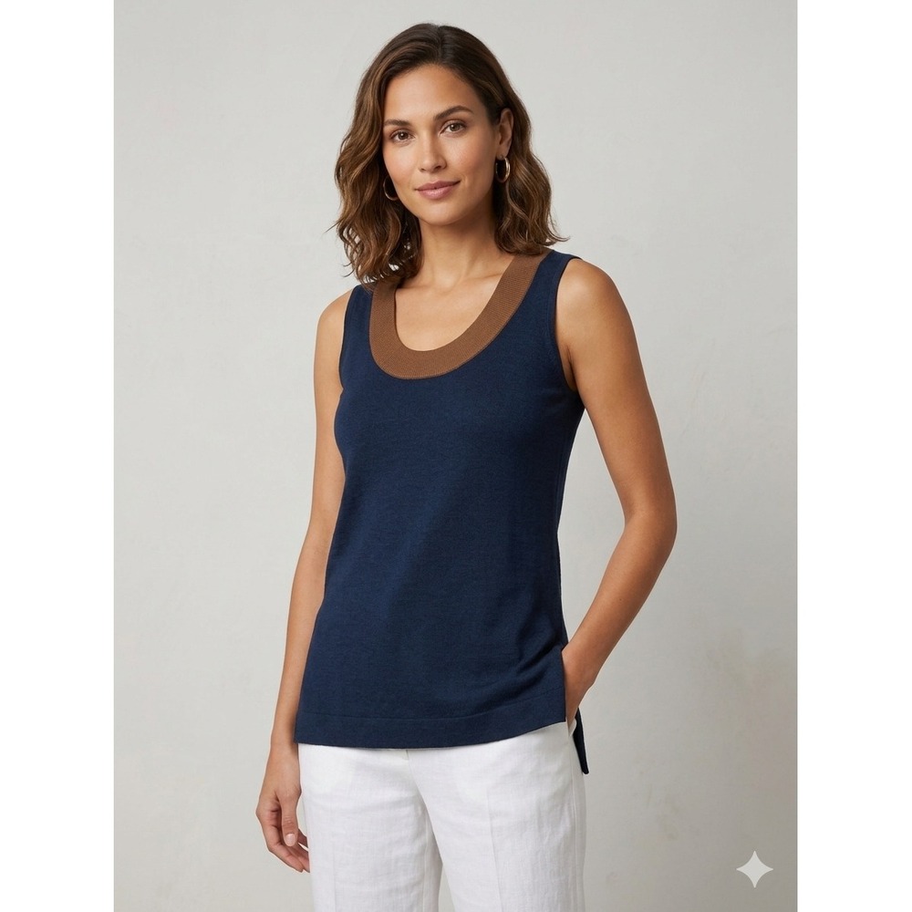 Akris Punto Tank Top Women 14 Navy Blue Wool‎ Knit Contrast Trim Scoop Neck